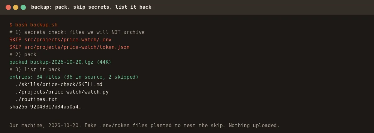 Terminal: secrets check lists .env and token.json as SKIP; packed backup-2026-10-20.tgz (44K); 34 entries from 36 source files, 2 skipped; the skill, watch.py and routines.txt are inside