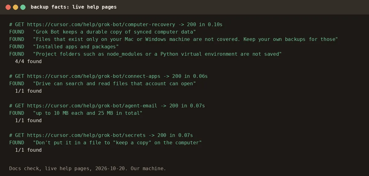 Terminal log: computer page 200, 4 of 4 quotes found; Connect apps, Bot email and Secrets pages 200, 1 of 1 each