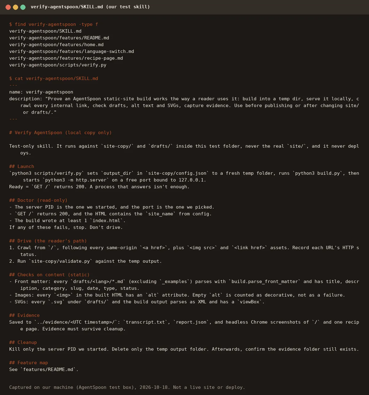 File list and SKILL.md of our verify-agentspoon test skill, showing the Launch, Doctor, Drive, Evidence and Cleanup sections